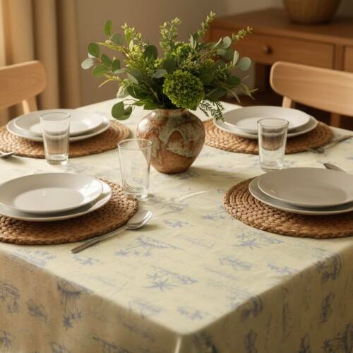 Mantel de lino 4 puestos: Pueblitos azules
